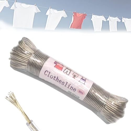 WLHFDC 30 m de cuerda para tender extrafuerte con núcleo de acero y revestimiento de plástico, resistente a la rotura, resistente a la rotura, capacidad de carga de 120 kg, cuerda de lavandería