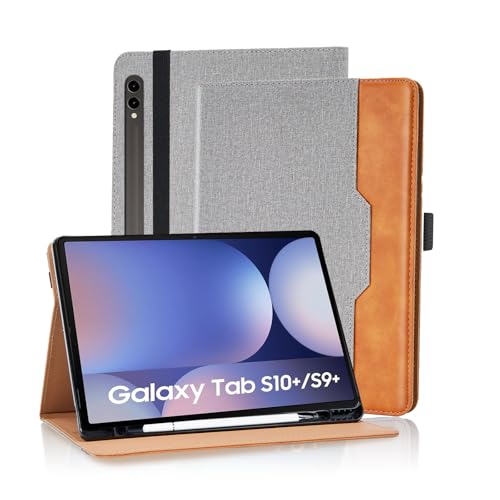 Coque Samsung Galaxy Tab S10+ et S9+ Plus en cuir gris avec support