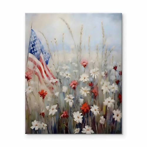 Image of Memorial Day Canvas Print, Patriotic American Flag Wildflowers Oil Painting, Red White Blue Field Poster Framed Art, USA Independence Day Artwork for Living Room or Porch Decor 20x24inch