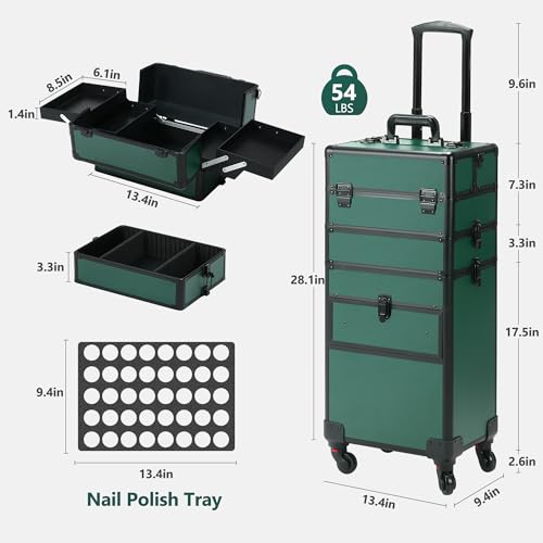 Somduy Rolling Makeup Case with Drawer, Makeup Train Case, 4 in 1Cosmetology Case on Wheels, Christmas Gift, Large Makeup Case Organizers, Profesional Cosmetic Case for Salon Barber, Green