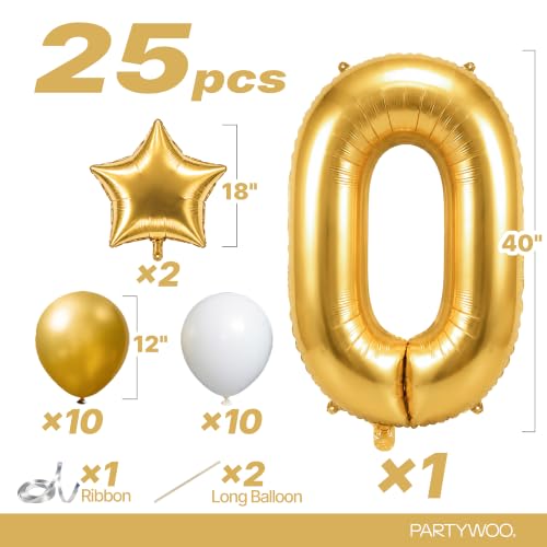 Image of PartyWoo Metallic Gold Number 0 Balloon 40 Inch 25pcs Gold Foil Star White