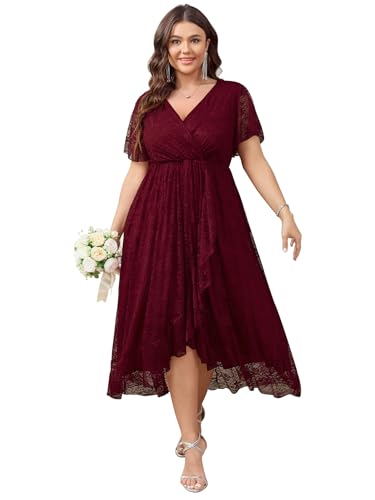 Image of SCOMCHIC Womens Plus Size Wedding Guest Dress Formal Lace Wrap V Neck High Low Short Sleeve Cocktail Maxi Dresses XL-4XL