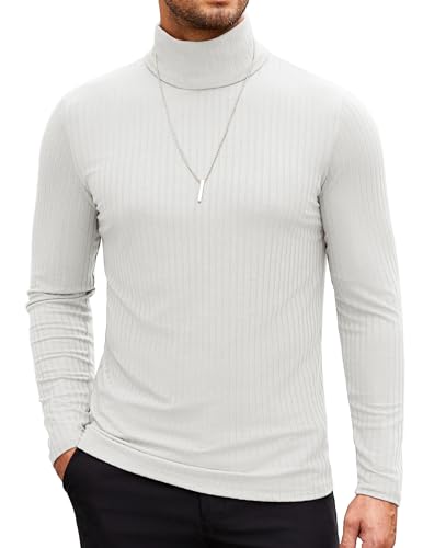 COOFANDY Men's White Slim Fit Turtleneck Sweater Lightweight Ribbed Sweaters