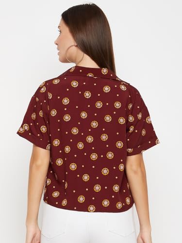 Image of Fashfun Women's Shirt (Floral Pink Crepe Top with Mandarin Collar & Full Sleeve)