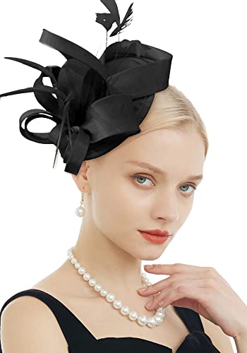 Felizhouse Fascinator Hats For Women Ladies Feather Cocktail Party Hats Bridal Headpieces Ascot Fascinator Headband (Black) #TOP2