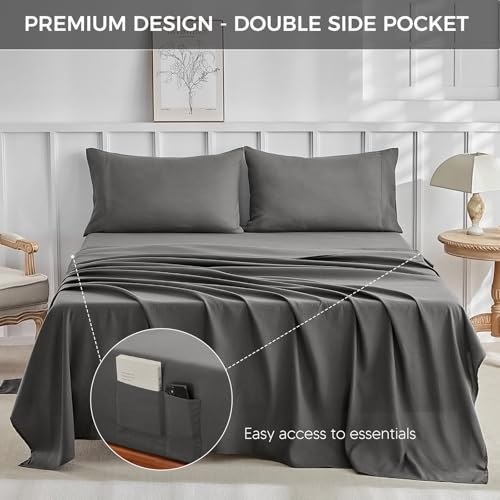 Image of Tokokimo Hotel Collection California King Sheet Set - 4-Piece Ultra-Soft Microfiber, Extra Deep Pocket, Fitted Sheet with Double Side Pockets, Cooling & Breathable, Wrinkle & Fade Resistant, Grey