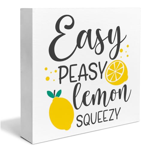 Lemon Wooden Box Sign House Decor Easy Peasy Lemon Squeezy Square Wood Sign Desk Decoration Summer Wood Block Tiered Tray Box Sign for Shelf Home 5 x 5 Inches