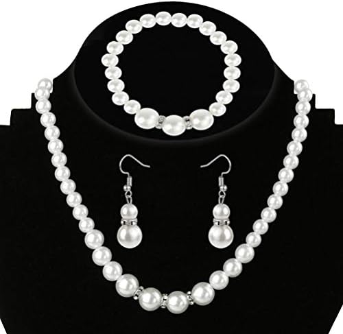 Artificial Pearl Necklace Earrings Bracelet Jewellery Set Silver Plated for Women Girls Birthday Weddings Bridal Christmas Day Gifts