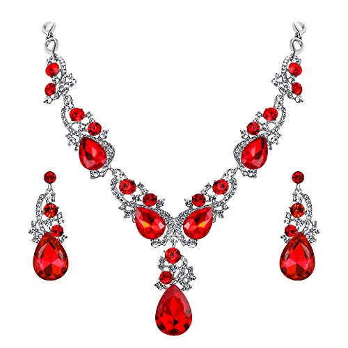 BriLove Wedding Bridal Necklace Earrings Jewelry Set for Women Multi Teardrop Cluster Crystal Statement Necklace Dangle Earrings Set Ruby Color Silver-Tone