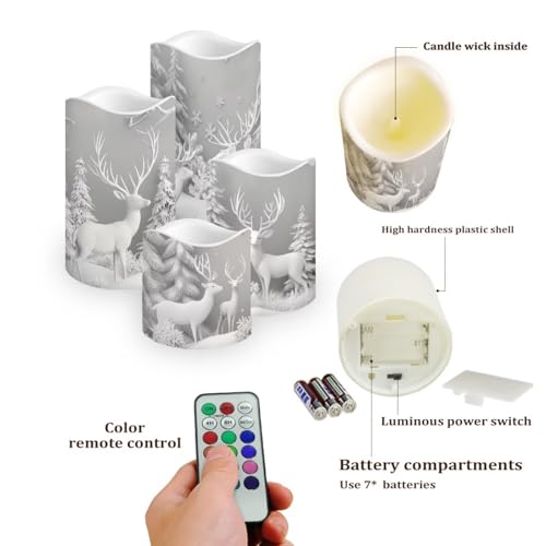 Image of Flameless Pillar Candles with Remote and Color Changing Christmas Decorations for Home Fake Battery Operated Candle Electric LED Lights Candles for Home Kitchen Deer Snow