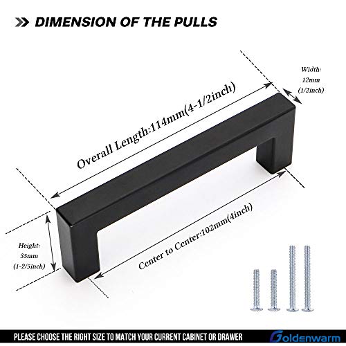 Goldenwarm 1 Pack Black Square Bar Cabinet Pull Drawer Handle Stainless Steel Modern Hardware For Kitchen And Bathroom Cabinets Cupboard, Center To Center 4In(102Mm) #TOP1