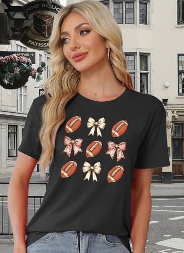 Football Shirts for Women Game Day Outfits Funny Bow Graphic Tee Sport Mom Short Sleeve3