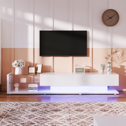 KOMHTOM Armoire TV blanche avec tiroirs, buffet TV avec LED et étagères en verre, meuble TV pour salon, chambre à coucher (blanc)