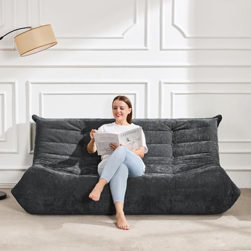 Image of Hobestluk Giant Bean Bag Chair Faux Fur BeanBag Couch for Living Room | Darkgrey Chenille, 3-Seater,Ergonomic Design,Memory Foam,Anti-slip Bottom,No Assembly,Decorative Style for Living Room