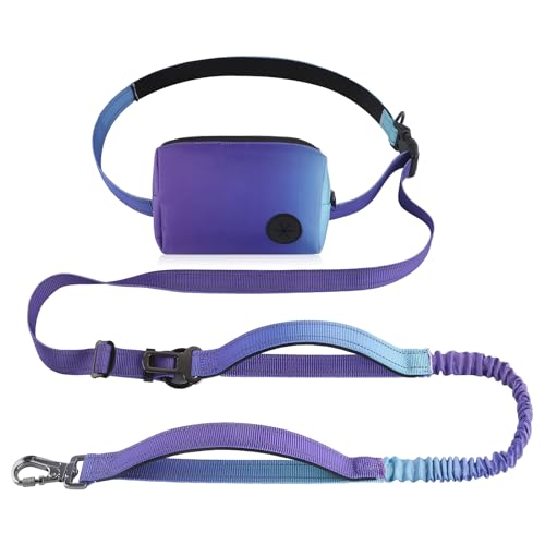 Roses&Poetry Hands Free Dog Leash with Zipper Pouch, 6-9ft Bungee Waist Leash for Medium Large Dogs Walking, Running Lead with Dual Padded Handles Car Safety Buckle for Training Jogging