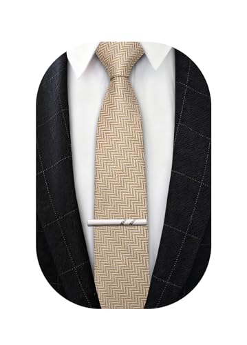 Image of Barry.Wang Skinny Ties for Men Wool Blend Herringbone Necktie with Tie Clip | Tie and Tie Clip Set, Cashmere Wool Stripe, 2.76 x 63 Inches, Extra Long Slim, Wedding Work Party Classic