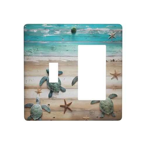 Decorative Outlet Covers Turtle Starfish Beaches Blue Wood Plank 2 Gang 1 Gang Wall Plate Cover Single Toggle Rocker Combo Light Switch Cover Plate Face Plate