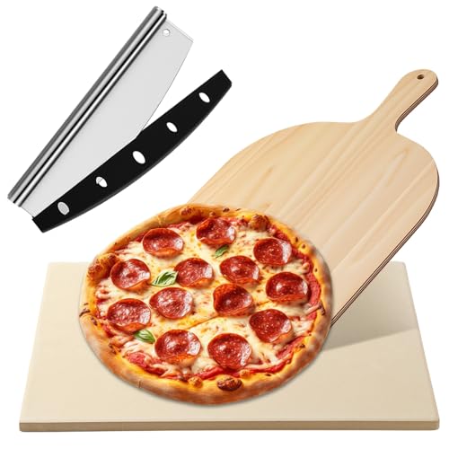 Acellegic Pizza Stones 3 Pcs Set 15 x 12 Inch Large Cordierite Stone Set for Oven and Grill with Pizza Peel, Stainless Steel Cutter Rocker for Baking, Bread, BBQ(Rectangle)