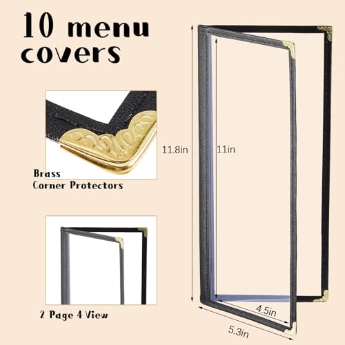 Image of Ziliny 20 Pcs 4.5 x 11 in Transparent Restaurant Menu Covers, Clear Covers | With Metal Corners, Clear PVC Sleeves, Black Folder Menu Book, 2 Page 4 View, For Wine Drinks Coffee Bars Restaurant