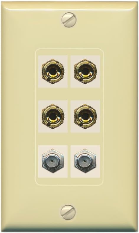 RiteAV 4 Port Banana 2 Speaker Binding Post 2 Coax Wall Plate - 1 Gang Decorative [Stainless/White]