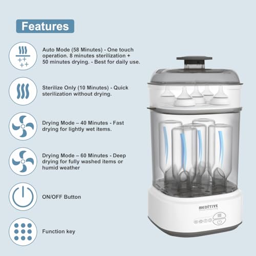 Image of MEDITIVE Baby Bottle Sterilizer and Dryer | Electric Sterilizer for Baby Bottles with Hot Air Drying | 10 Min Sterilization + 40 /60 Min Drying | Auto Mode 58 Min | 2-in-1 Baby Bottle Sterilizer Machine for Feeding Bottles & Accessories