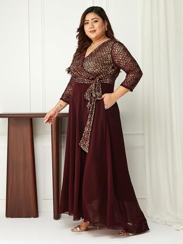 Image of Miss Chase A+ Women's Floral Printed Relaxed Fit V -Neck 3 /4Th Sleeve Georgette Maxi Dress