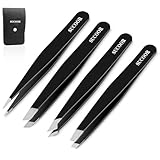 SUCOOR Tweezers for Women Facial Hair, 4Pcs Professional Beauty Tools Stainless Steel Precision Eyebrow Tweezers for Splinter Blackhead and Ingrown Hair Removal, Black