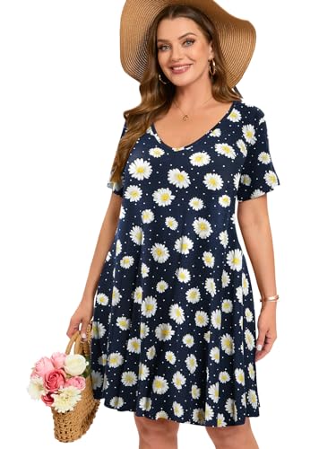 Image of ZENNILO Women's Plus Size Swing Dress with Pockets Casual Summer Dresses V Neck Short Sleeve T Shirt Dress for Women