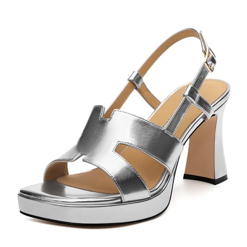Image of ROSERWISH Womens Platform Heeled Sandals, Open Square Toe Chunky Heels, Strappy Sandals for Women, Leather Insole Dress Shoes for Prom Weeding Bride Party 3.5 inch