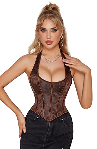 Moessa Women's Women's Sexy Halter Corset Tops Vintage Lace Up Backless Boned Bustier Bodyshaper Crop Tops 972-Coffee Brown-Xs #TOP1