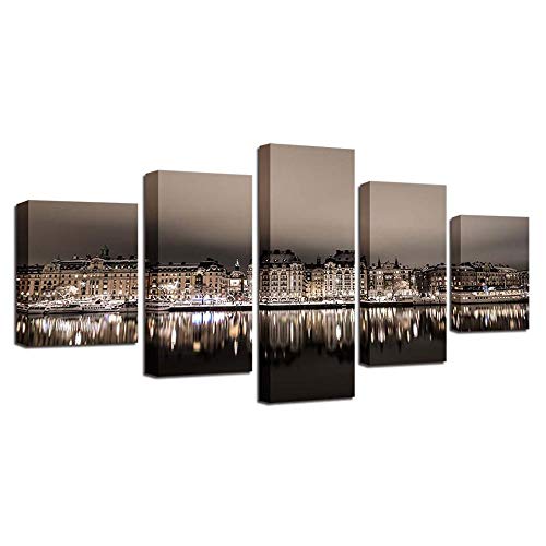 Tableau ville de nuit de 5 pièces : déco murale moderne de salon