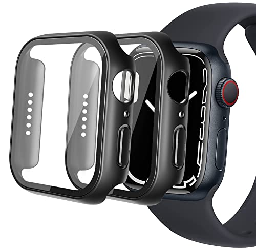 IBEX 2 pezzi Cover per Apple Watch Series 7 45 mm Protezione schermo, Bumper Case Cover Custodia Custodia Duro Antiurto PC Ultra Sottile Vetro Temperato Schermo Cover Protection, Nero
