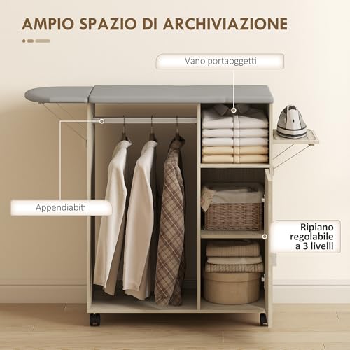 Homcom Mobile Asse Da Stiro Pieghevole Con Ruote A Freno E Portaferro Da Stiro, Mobile Da Stiro Multiuso Con Barra Appendiabiti, Ripiani Regolabili, Per Lavanderia, Bagno, 127X42.5X99 Cm, Color Legno - 5