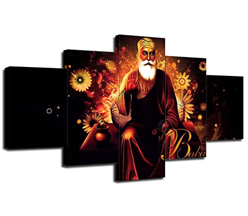 Guru Nanak dev ji Photo Prints on Canvas Pictures With Frame Guru Nanak Wall Art 5 Panels Paintings Poster Framed Wall Decor HD Prints Gallery Wrapped Stretched Ready to Hang(60''Wx32''H)