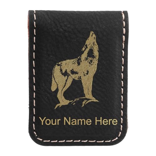 LaserGram Slim Magnetic Money Clip, Howling Wolf, Personalized Engraving Included (Black with Gold)