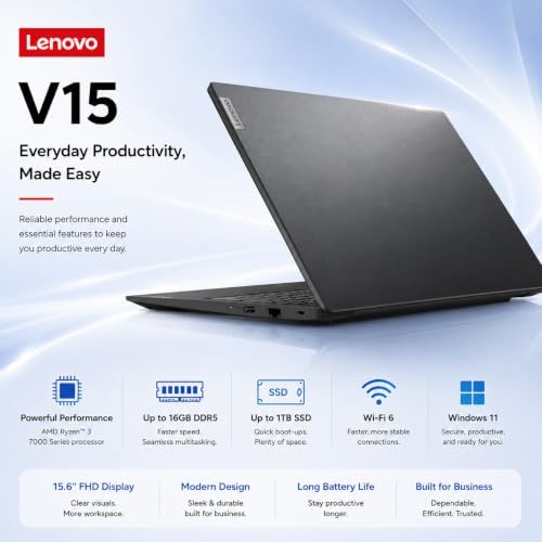 Lenovo V15 Business Laptop 2026 Edition, AMD Ryzen 3 7000-Series(Beat i7-1065G7), 15.6" FHD Display, 16GB DDR5 RAM, 1TB NVMe SSD, Wi-Fi 6, Ethernet RJ-45, Dolby Audio, Windows 11 Pro
