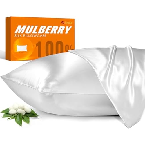 100% Mulberry Silk Pillowcase for Hair and Skin, 22 Momme Pure Natural Silk Pillow Case Both Sided with Zipper, Pillow Cover for Women Mom Men (White, King 20''×36'', 1 Pack)
