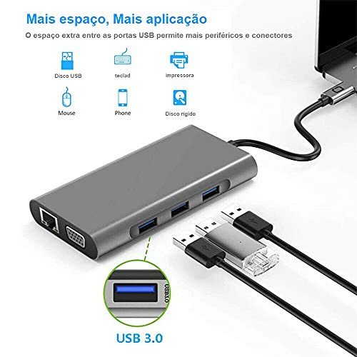 Hub Usb 3.0 XINKEJI, Docking Station 10 em 1 com 4K HDMI, 100W PD, 3 portas USB 3.0, porta Ethernet