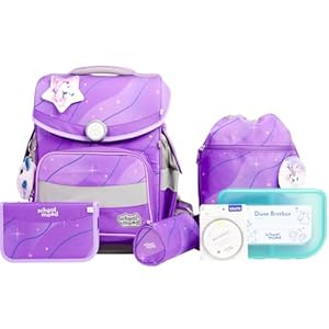 SCHOOL-MOOD Timeless Pro Schulranzenset 7-teilig 23,5L Stauraum, ergonomisches Easy Fit System für 1 m bis 1,50 m Körpergröße, standfest, wasserdichter Stoff mit Reflektoren (Marie Pegasus)