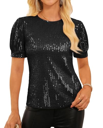 GRACE KARIN Womens Full Sequin Tops Sparkle Glitter Blouses Lantern Short Sleeve Shirts Dressy Party Concert Outfits Black L