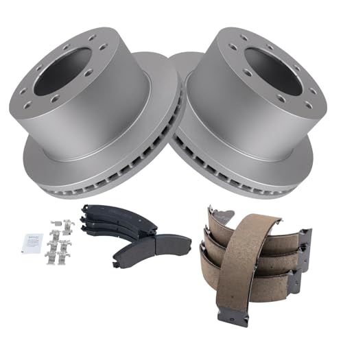 Image of TRQ Rear Brake Pad & Rotor Kit Parking Brake Shoe Set Semi-Metallic Compatible with 2013-2017 Chevrolet Silverado 3500 HD GMC Sierra 3500 HD