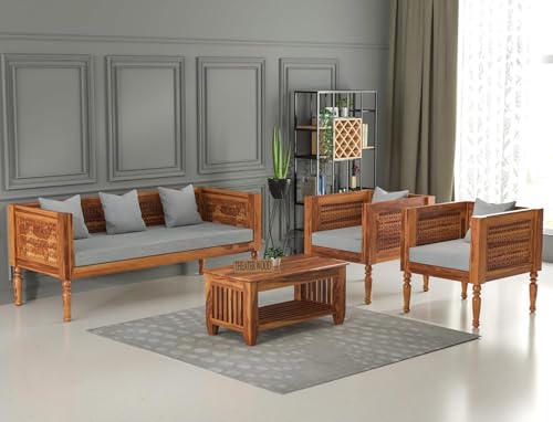 Image of Sheesham Wooden 5 Seater Sofa Set for Living Room | Rosewood Cushion | Solid Wood Sofa Set for Lounge (Honey with Grey Cushion, 5 Seater)