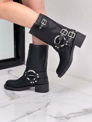 Forever Link Ivanka-22 Womens Side Adjustable Buckle Detail Chunky Sole Mid Calf Boot3