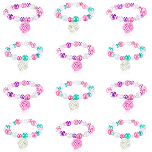 Ecally 12 Pcs Tea Party Favor Flower Girls Bracelet for Kids Toddler Jewelry Princess Party Favors Friendship Bracelets Adjustable Pretend Classroom Reward