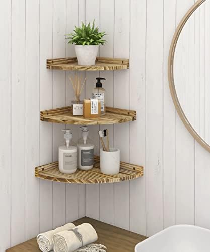 Petrala Corner Shelf Hanging Wall Shelf Wood Set of 3 Vintage Floating Shelves Rustic Corner Shelves for Wall Bookshelf with Round End Floating Shelf for Bathroom Kitchen Bedroom Living Room