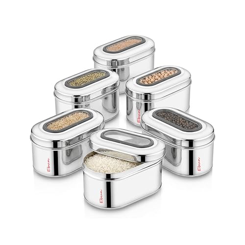 Image of Ebun Stainless Steel Top See Through Containers | Stainless Steel Container with Lid | Capsule Shape Steel Kitchen Containers Set | Steel Airtight Container | 750 Gms Capacity Approx | Pack of 6