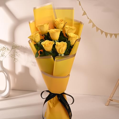 Image of FlowerAura Premium Fresh Live Flower Bouquet of 8 Yellow Roses In Designer Paper Gift For Birthday | Anniversary | Love | Home Decor | Fathers Day Gift For Dad (Same Day Delivery)