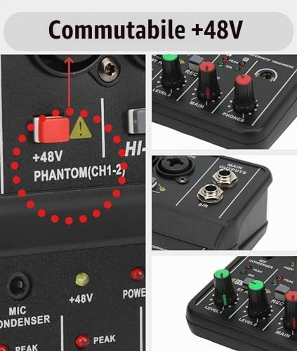 Mini Mixer Audio, 2 Canali USB Portatile Scheda Audio Live Scheda Audio Console con Alimentazione Phantom 48V, Mixer DJ 16 BIT 48 KHZ, per Registrazione Karaoke Streaming Youtube