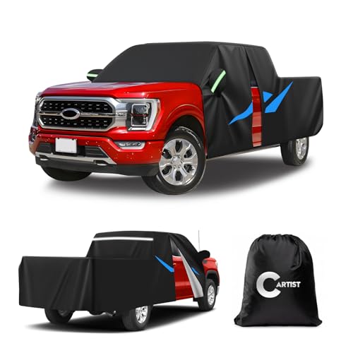 Image of Cartist 420D Waterproof Car Cover Fits for Ford F150 Supercrew /Silverado 1500 2500 /Sierra Denali 1500 Truck car Covers with Zipper Door & Reflective Safety Strips,Sun Rain Snow Dust Uv Protection