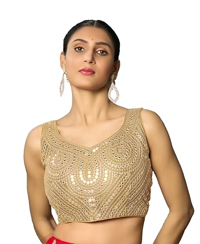 Image of Pujia Mills Fancy Women's foil Mirror and Thread Zari Work Sweetheart Neck Silk Sleeveless Blouse (PC Bindi Foil Parent)